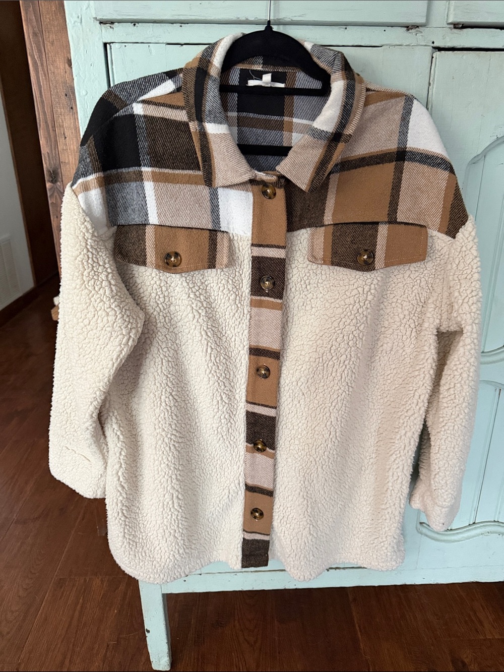 Cozy Sherpa Plaid Shacket - Cream & Camel